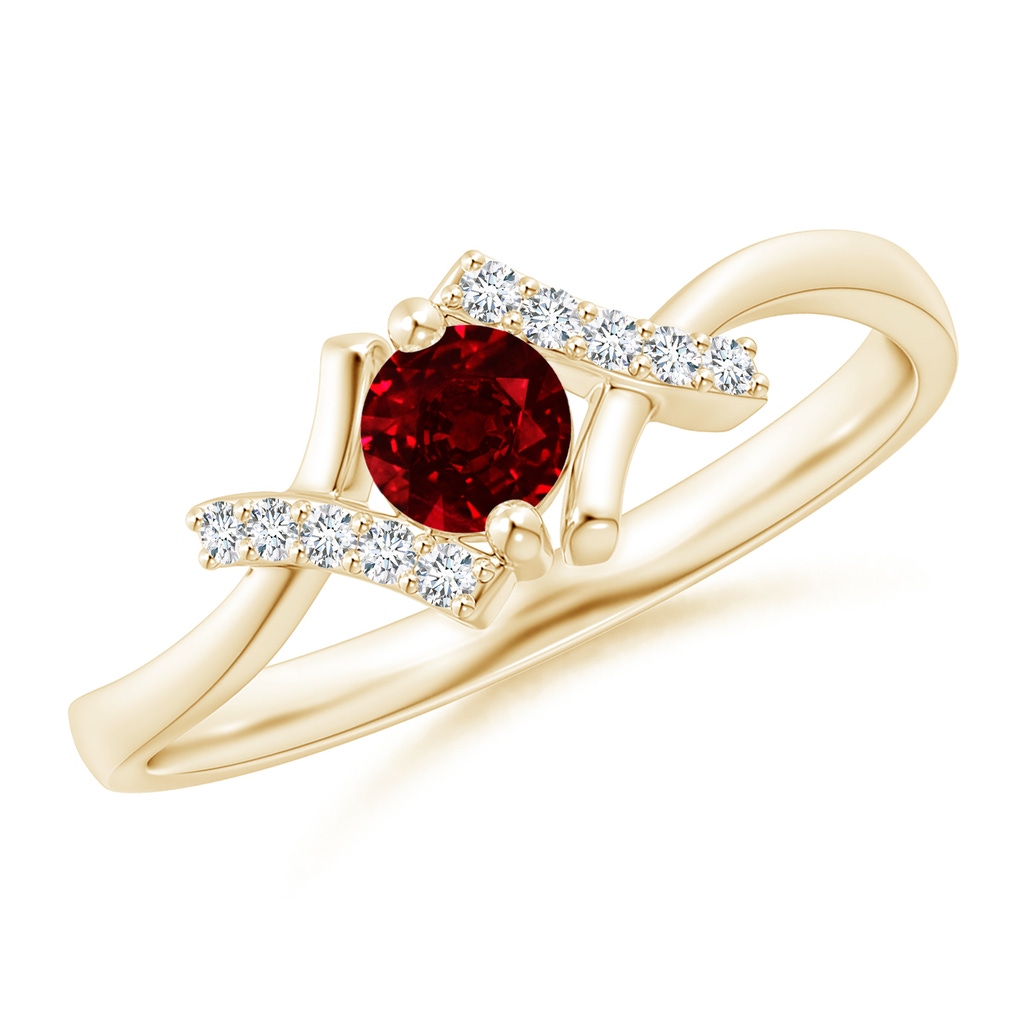 4mm AAAA Solitaire Ruby Bypass Promise Ring with Diamond Accents in Yellow Gold