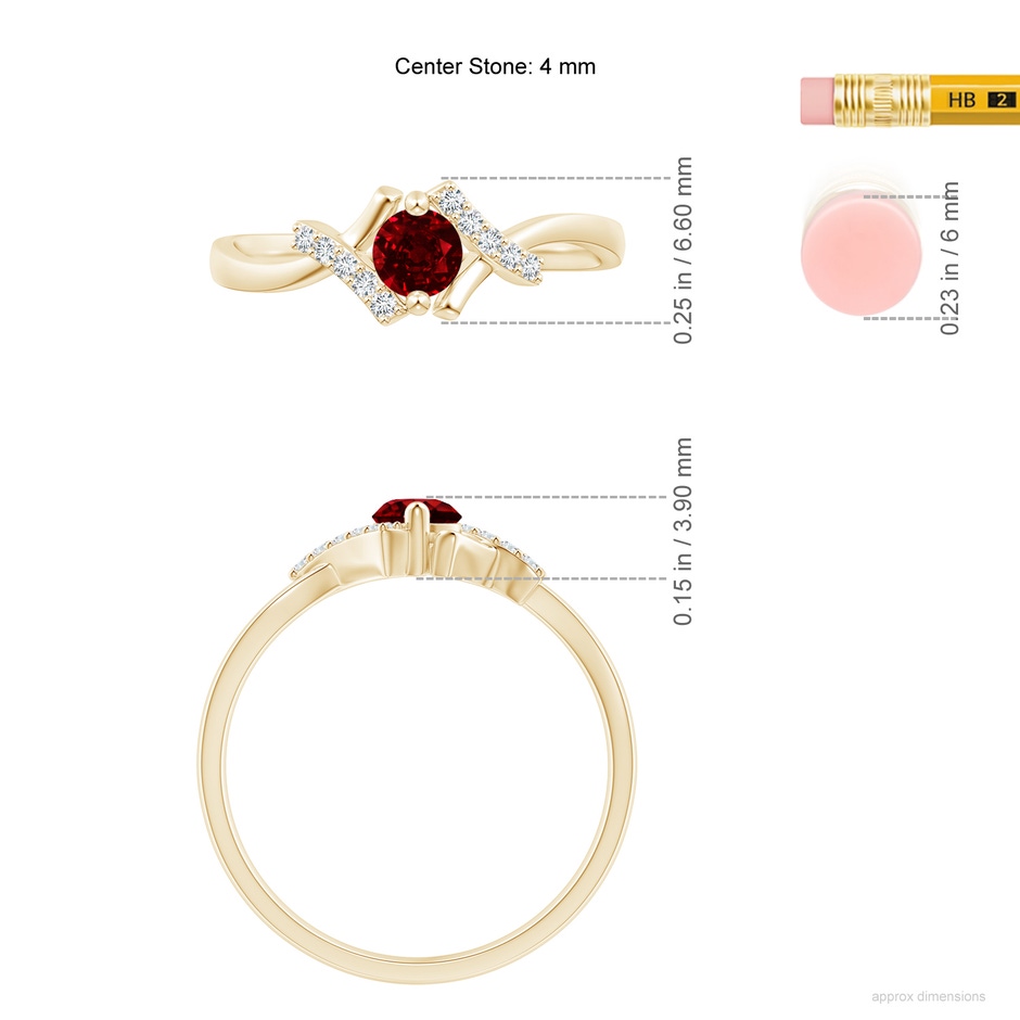 4mm AAAA Solitaire Ruby Bypass Promise Ring with Diamond Accents in Yellow Gold ruler