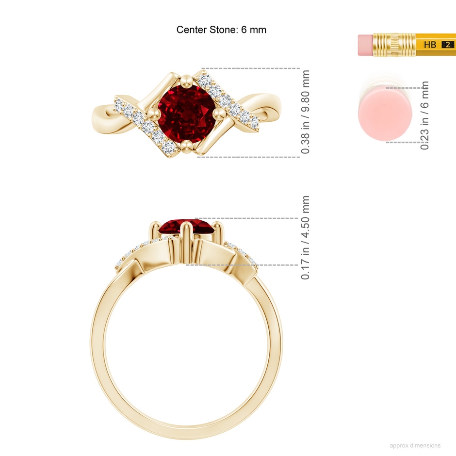6mm AAAA Solitaire Ruby Bypass Promise Ring with Diamond Accents in Yellow Gold ruler