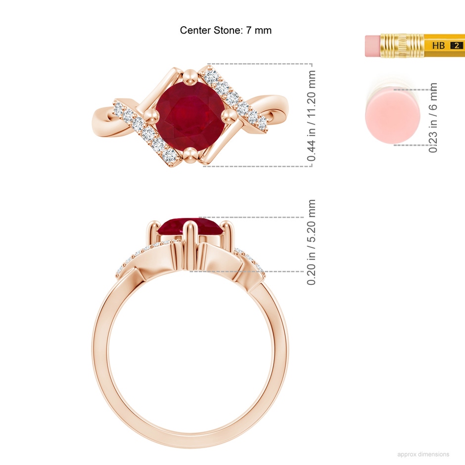 7mm AA Solitaire Ruby Bypass Promise Ring with Diamond Accents in Rose Gold ruler