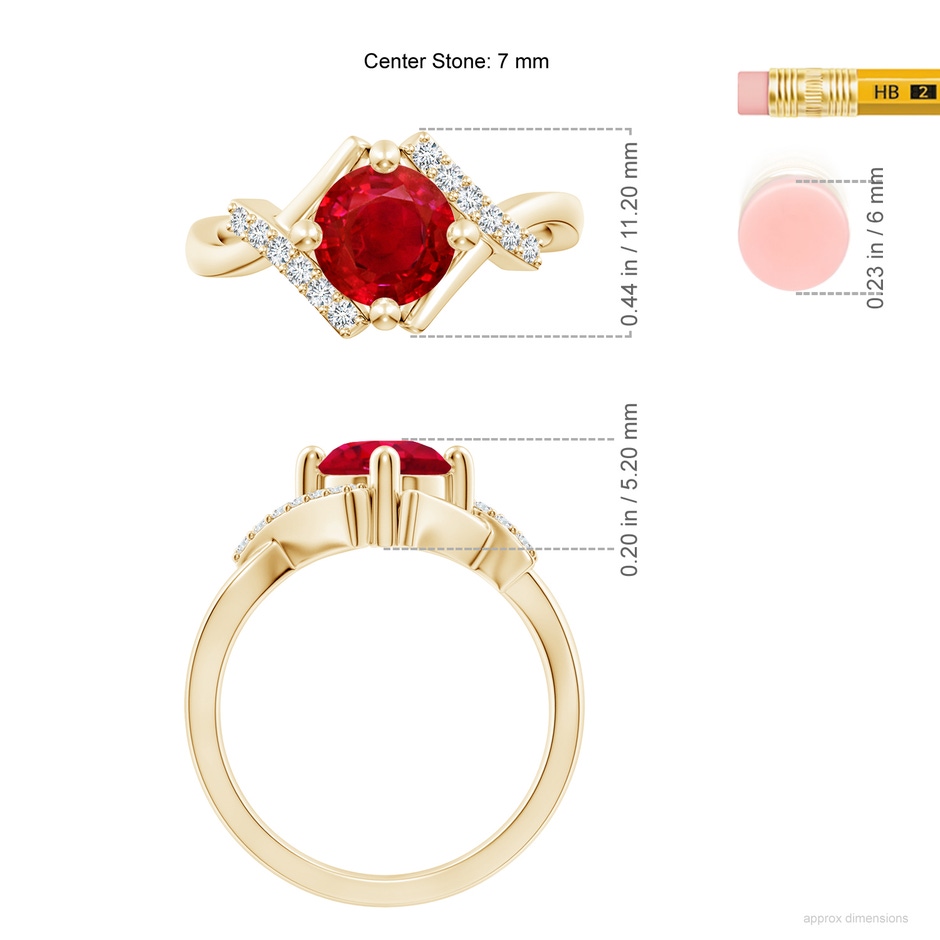 7mm AAA Solitaire Ruby Bypass Promise Ring with Diamond Accents in Yellow Gold ruler