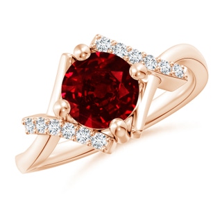 7mm AAAA Solitaire Ruby Bypass Promise Ring with Diamond Accents in 18K Rose Gold