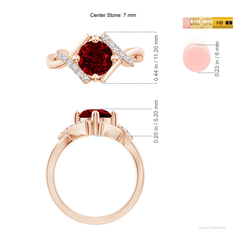 7mm AAAA Solitaire Ruby Bypass Promise Ring with Diamond Accents in 18K Rose Gold ruler