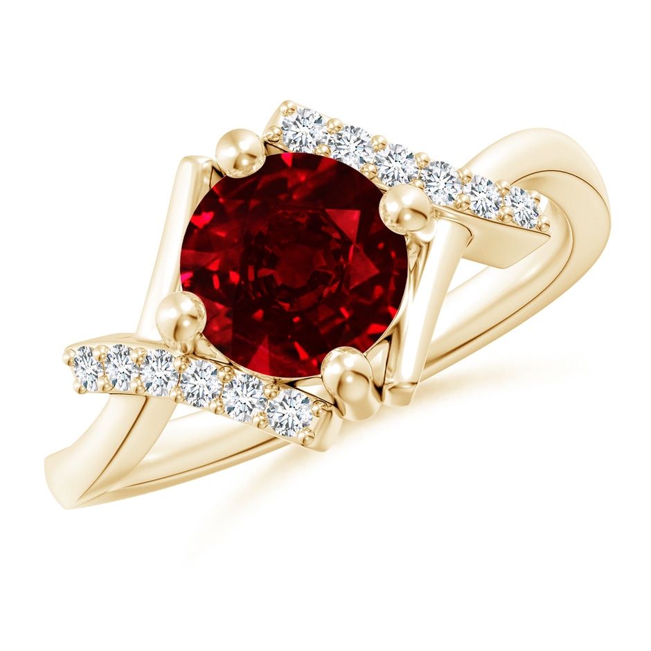 7mm AAAA Solitaire Ruby Bypass Promise Ring with Diamond Accents in 18K Yellow Gold 
