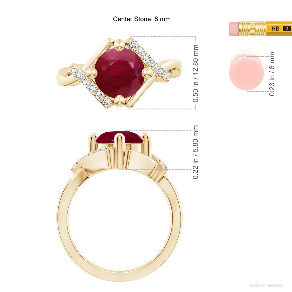 8mm A Solitaire Ruby Bypass Promise Ring with Diamond Accents in 18K Yellow Gold ruler