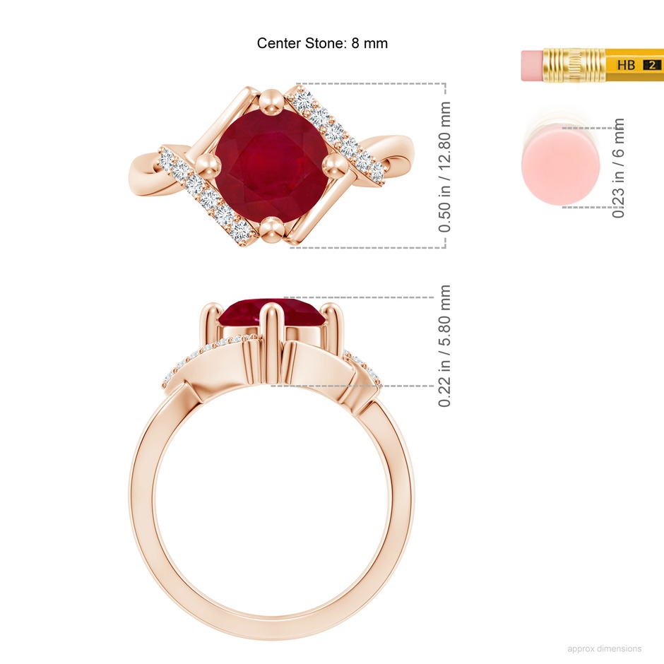 8mm AA Solitaire Ruby Bypass Promise Ring with Diamond Accents in 18K Rose Gold ruler