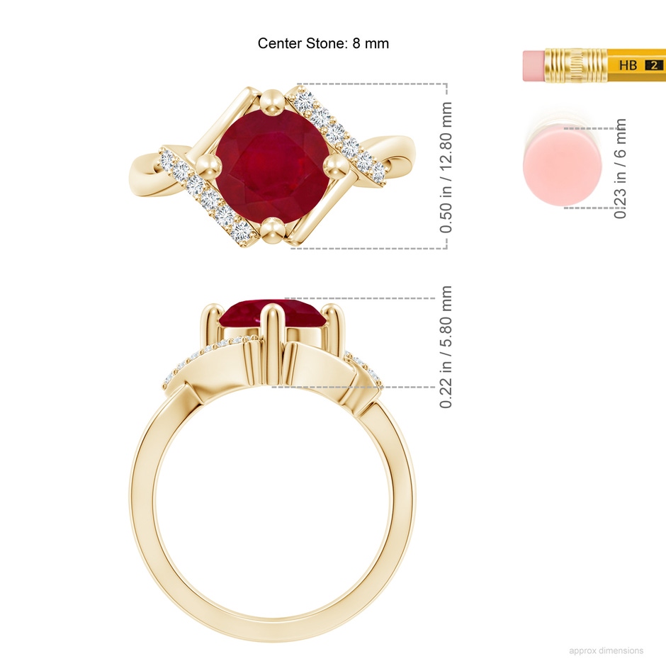 8mm AA Solitaire Ruby Bypass Promise Ring with Diamond Accents in Yellow Gold ruler