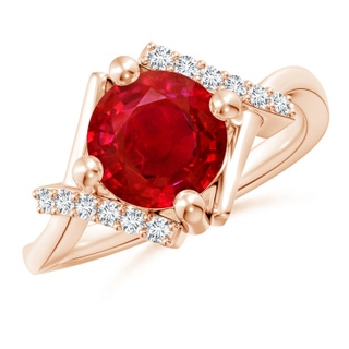 8mm AAA Solitaire Ruby Bypass Promise Ring with Diamond Accents in 18K Rose Gold