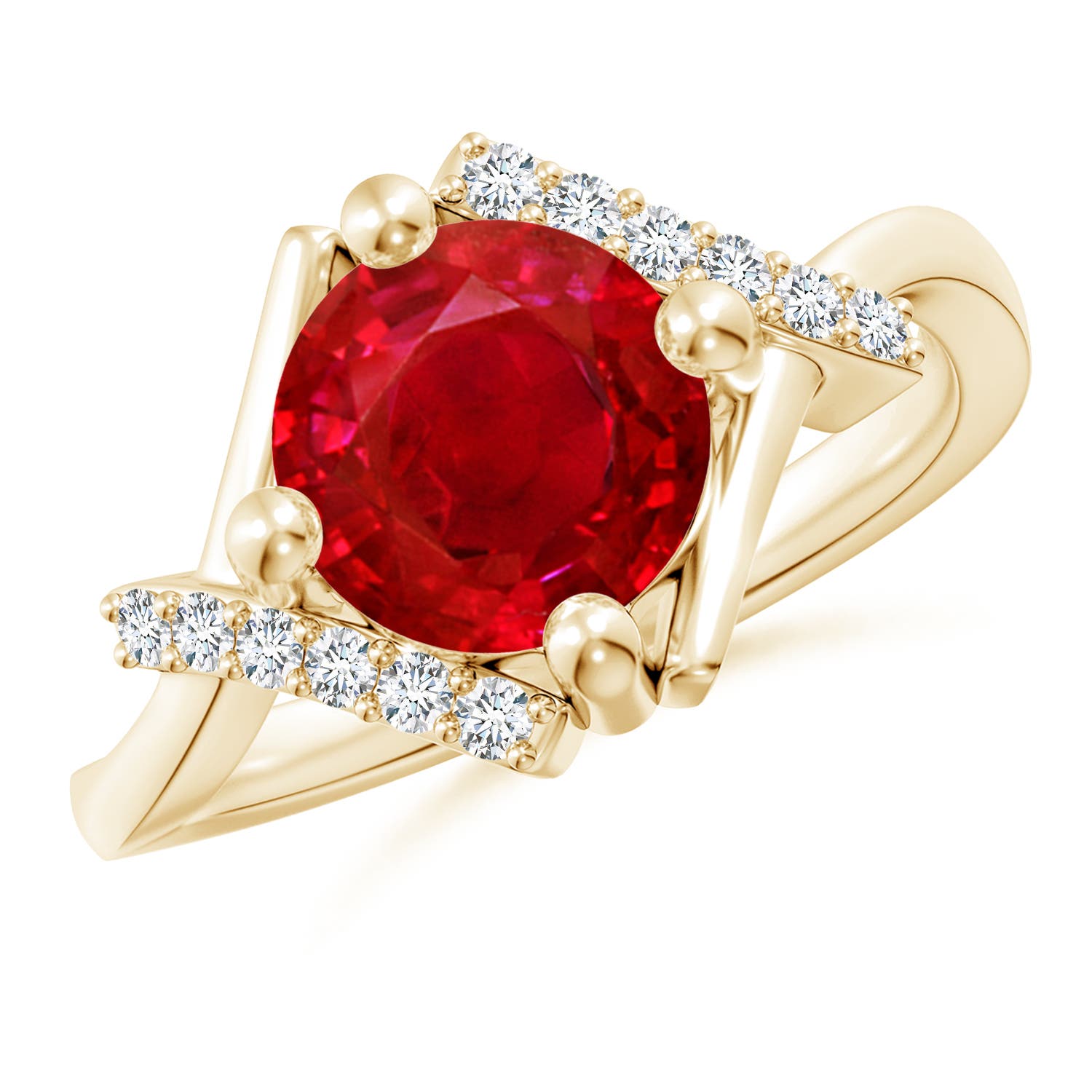 8mm AAA Solitaire Ruby Bypass Promise Ring with Diamond Accents in Yellow Gold