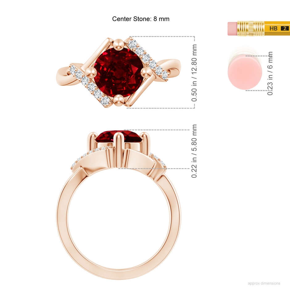 8mm AAAA Solitaire Ruby Bypass Promise Ring with Diamond Accents in Rose Gold ruler