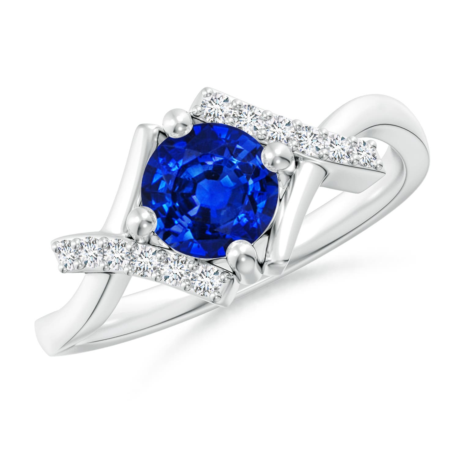 6mm AAAA Solitaire Sapphire Bypass Promise Ring with Diamond Accents in 18K White Gold