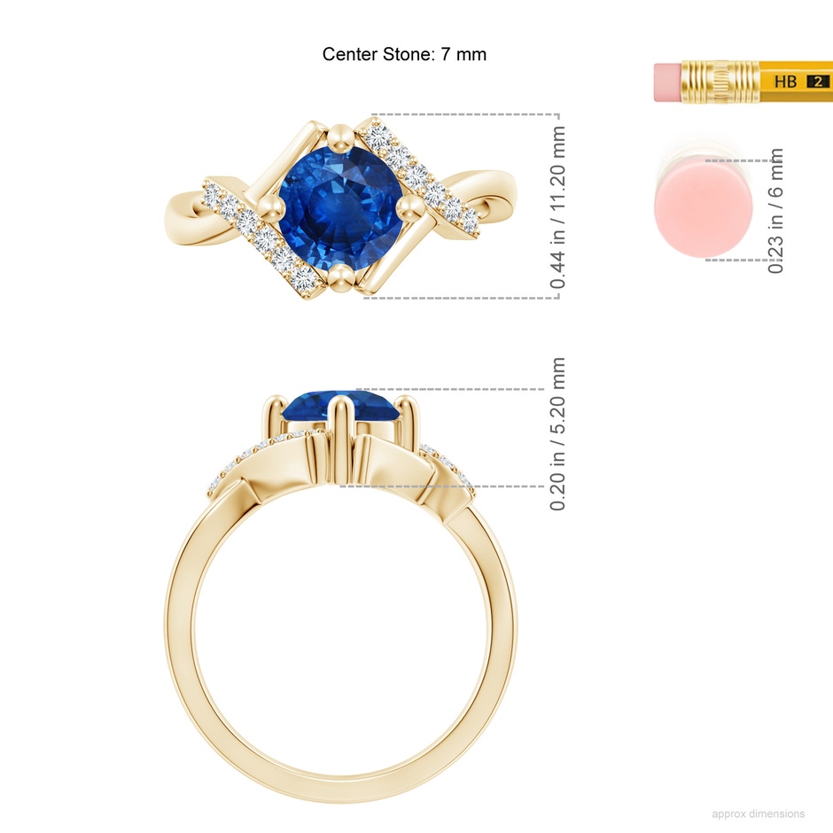 7mm AAA Solitaire Sapphire Bypass Promise Ring with Diamond Accents in Yellow Gold ruler