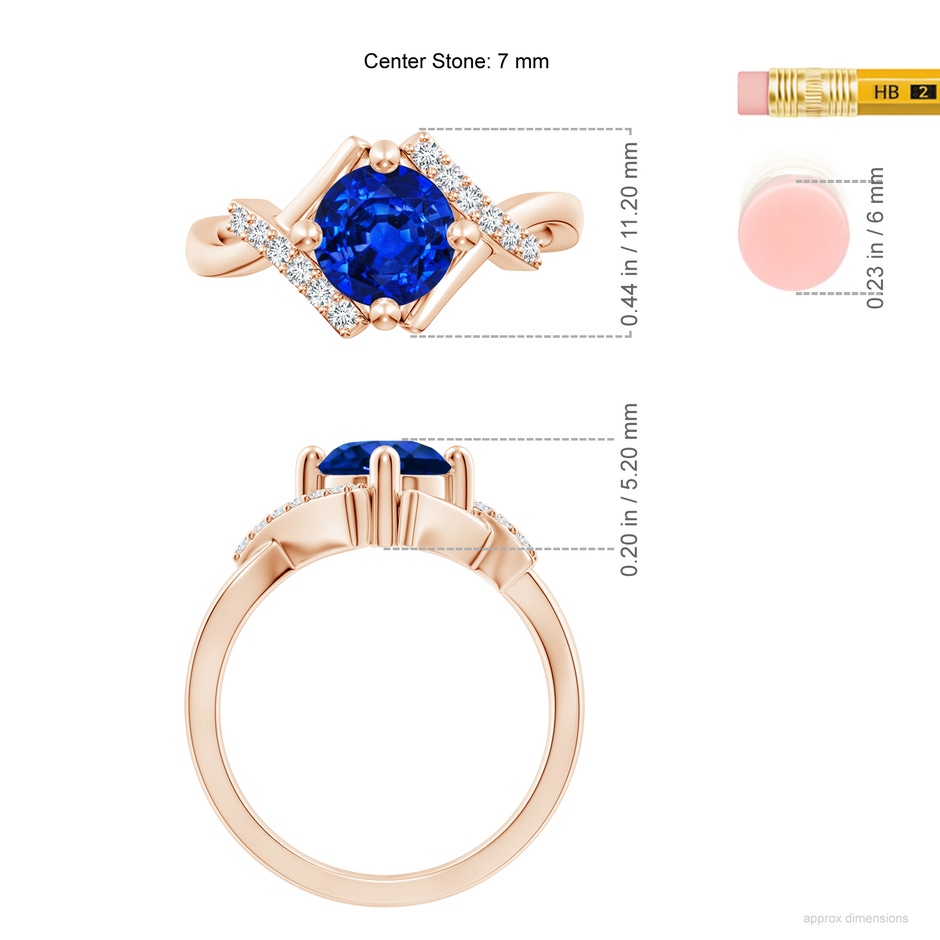 7mm AAAA Solitaire Sapphire Bypass Promise Ring with Diamond Accents in Rose Gold ruler