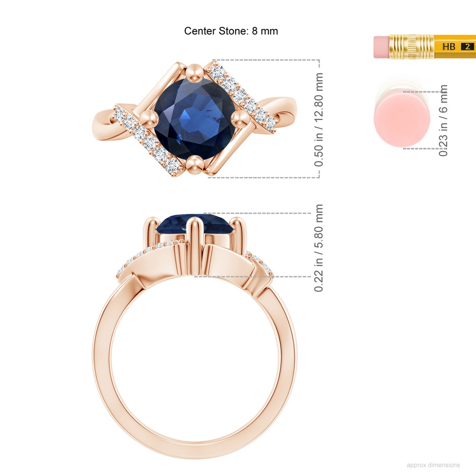 8mm AA Solitaire Sapphire Bypass Promise Ring with Diamond Accents in Rose Gold ruler