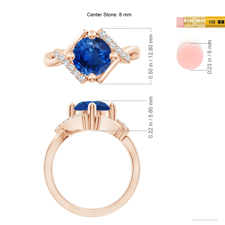 8mm AAA Solitaire Sapphire Bypass Promise Ring with Diamond Accents in Rose Gold ruler