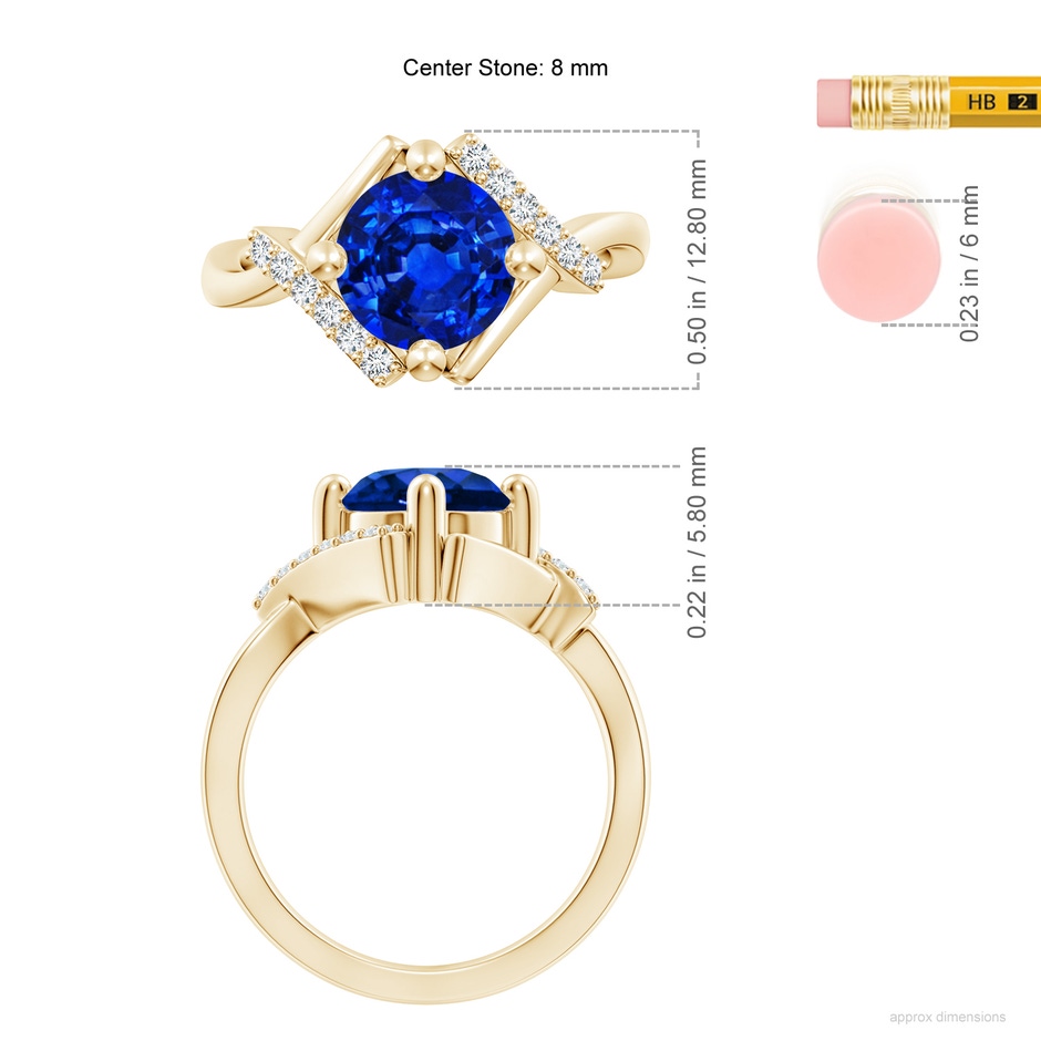 8mm AAAA Solitaire Sapphire Bypass Promise Ring with Diamond Accents in 18K Yellow Gold ruler
