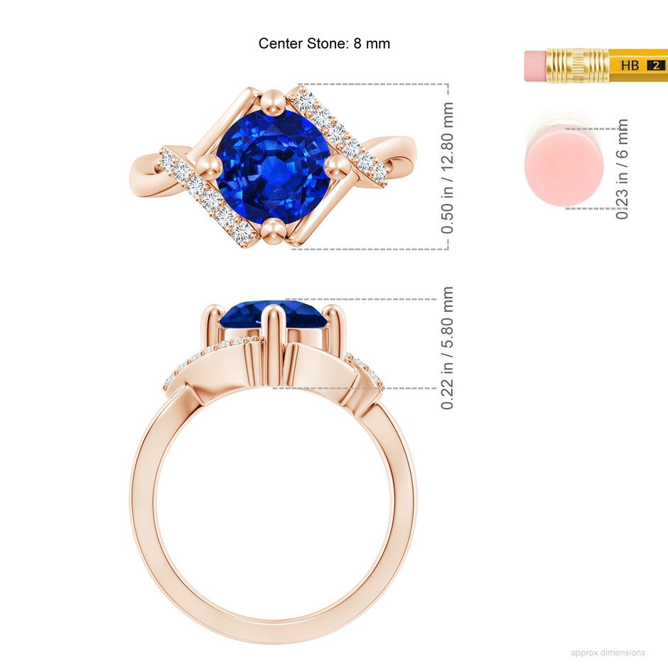 8mm AAAA Solitaire Sapphire Bypass Promise Ring with Diamond Accents in Rose Gold ruler