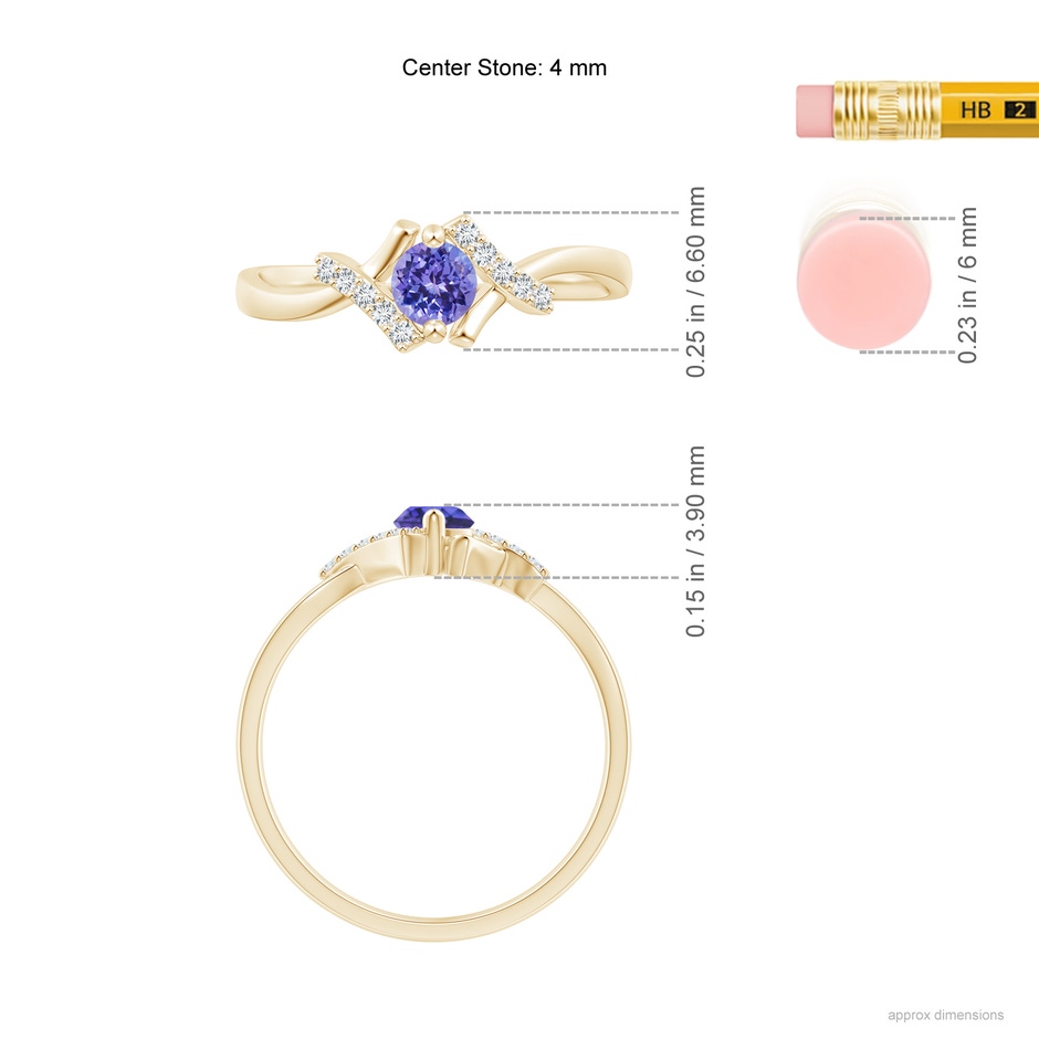 4mm AAA Solitaire Tanzanite Bypass Promise Ring with Diamond Accents in Yellow Gold ruler