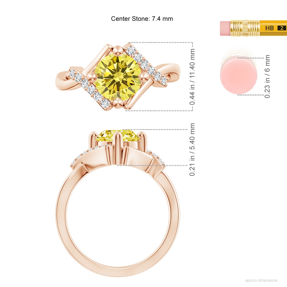 7.4mm AAAA Solitaire Fancy Intense Yellow Diamond Bypass Promise Ring with Accents in Rose Gold ruler