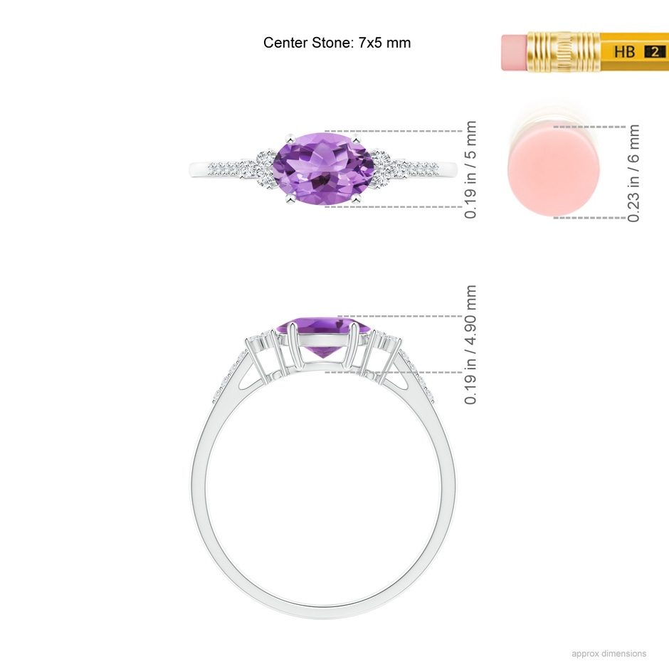 7x5mm A Horizontally Set Oval Amethyst Solitaire Ring with Trio Diamond Accents in S999 Silver ruler