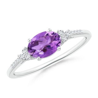 7x5mm AA Horizontally Set Oval Amethyst Solitaire Ring with Trio Diamond Accents in White Gold