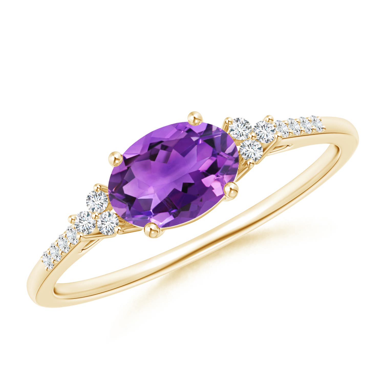 7x5mm AAA Horizontally Set Oval Amethyst Solitaire Ring with Trio Diamond Accents in 18K Yellow Gold