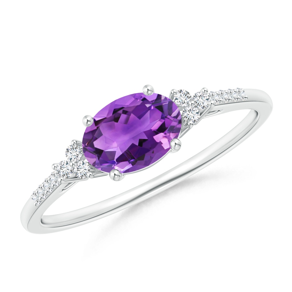 7x5mm AAA Horizontally Set Oval Amethyst Solitaire Ring with Trio Diamond Accents in White Gold 