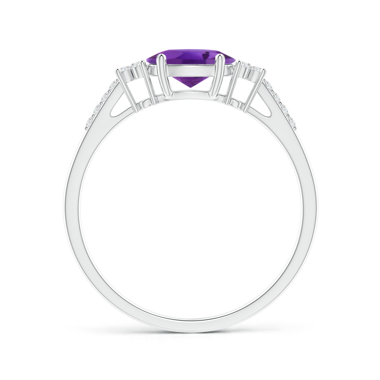 7x5mm AAA Horizontally Set Oval Amethyst Solitaire Ring with Trio Diamond Accents in White Gold - side 3