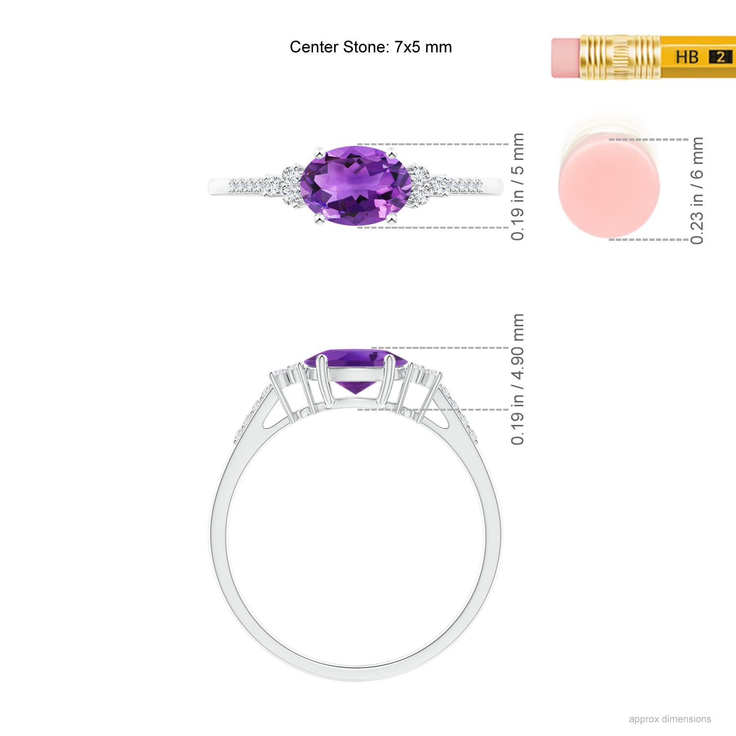 7x5mm AAA Horizontally Set Oval Amethyst Solitaire Ring with Trio Diamond Accents in White Gold - ruler