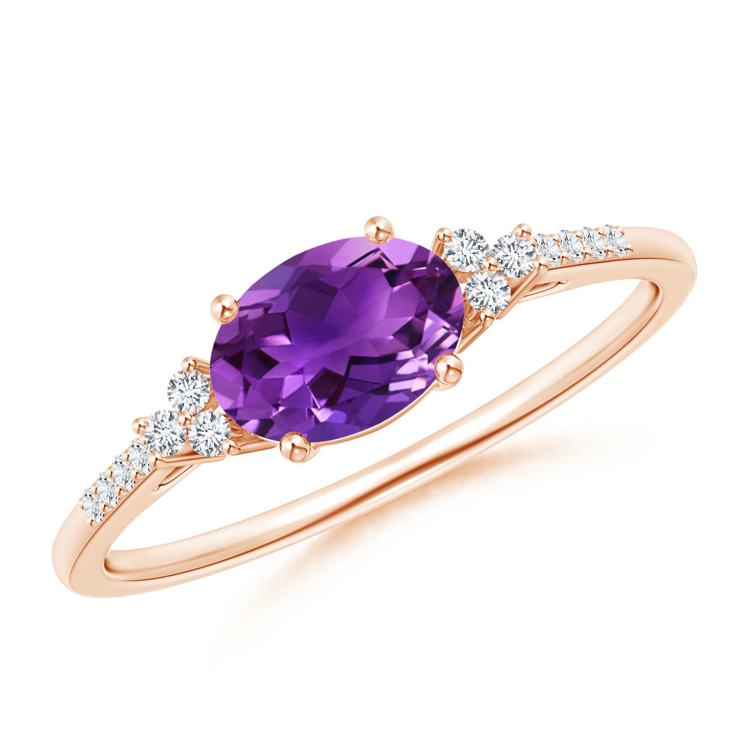 7x5mm AAAA Horizontally Set Oval Amethyst Solitaire Ring with Trio Diamond Accents in 18CT Rose Gold