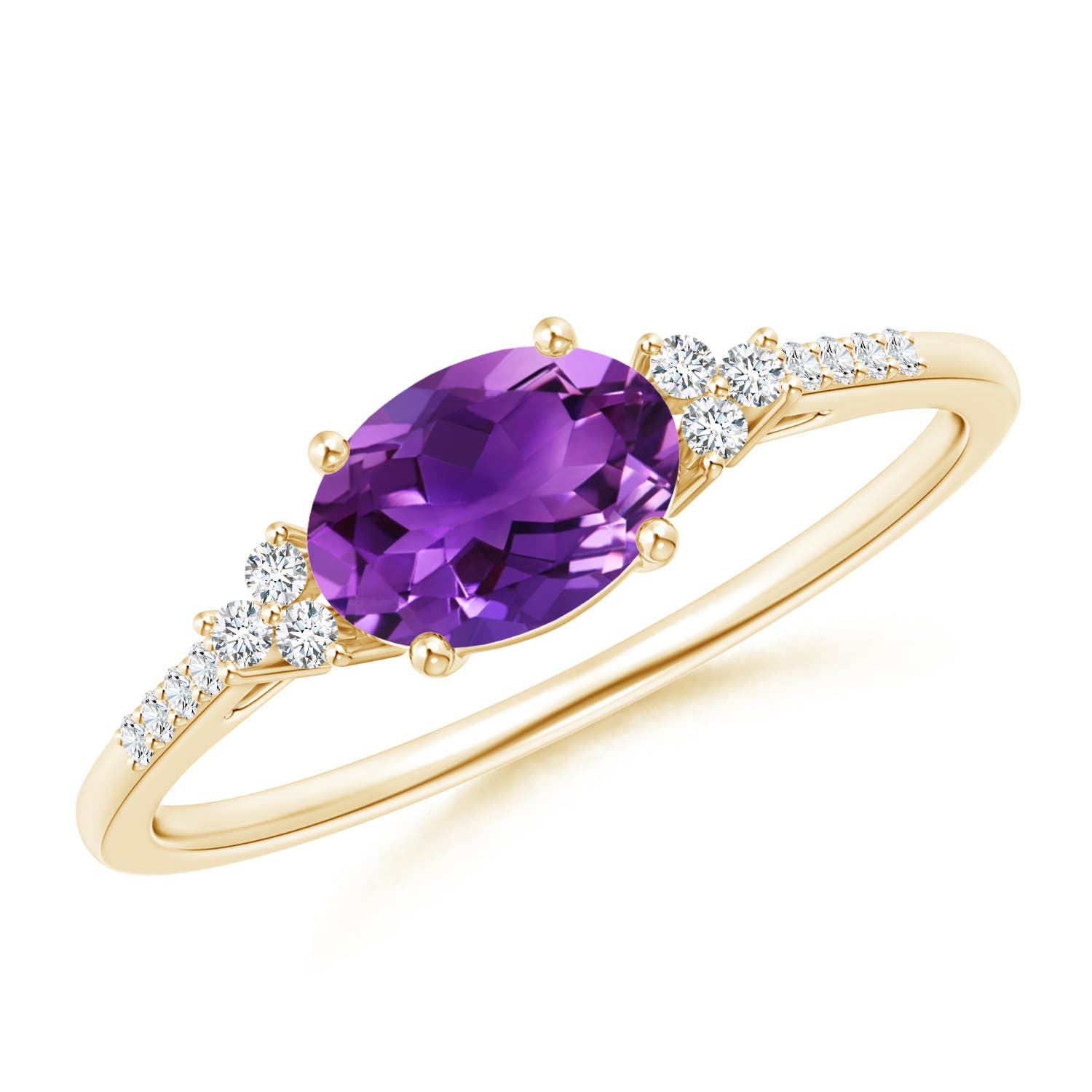 7x5mm AAAA Horizontally Set Oval Amethyst Solitaire Ring with Trio Diamond Accents in 18K Yellow Gold