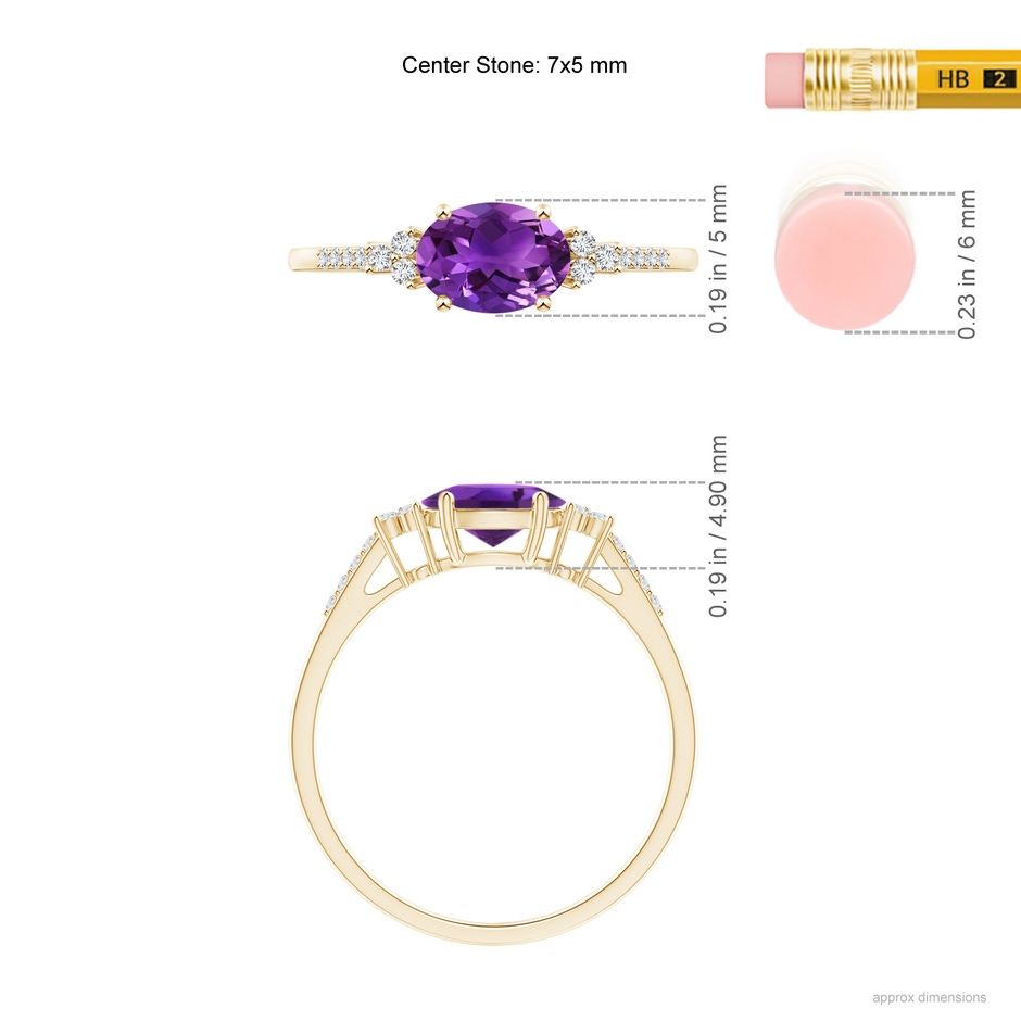 7x5mm AAAA Horizontally Set Oval Amethyst Solitaire Ring with Trio Diamond Accents in 18K Yellow Gold ruler