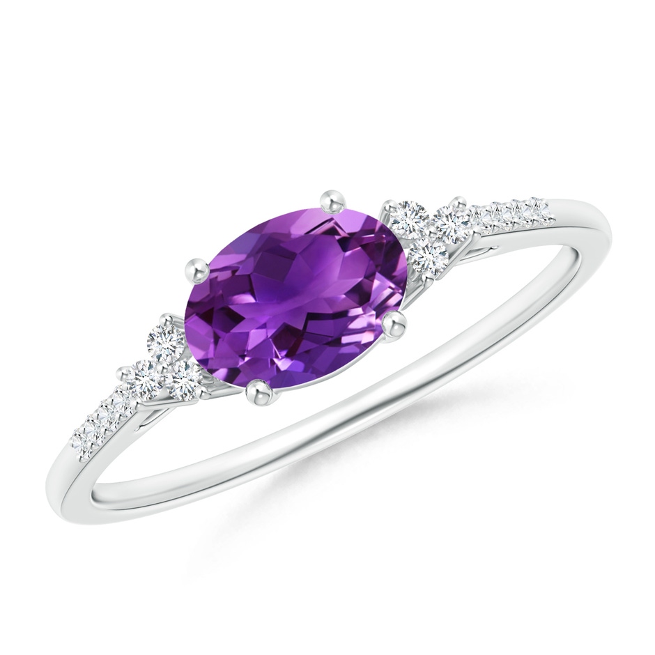 7x5mm AAAA Horizontally Set Oval Amethyst Solitaire Ring with Trio Diamond Accents in White Gold 