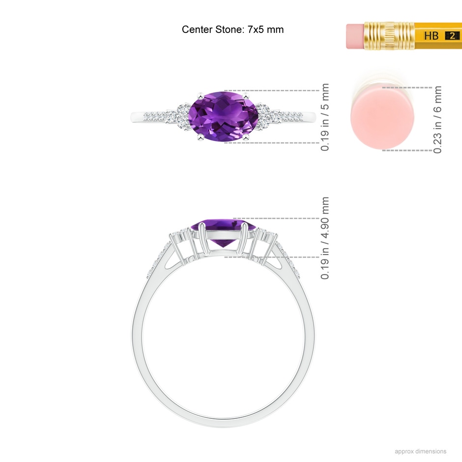 7x5mm AAAA Horizontally Set Oval Amethyst Solitaire Ring with Trio Diamond Accents in White Gold ruler