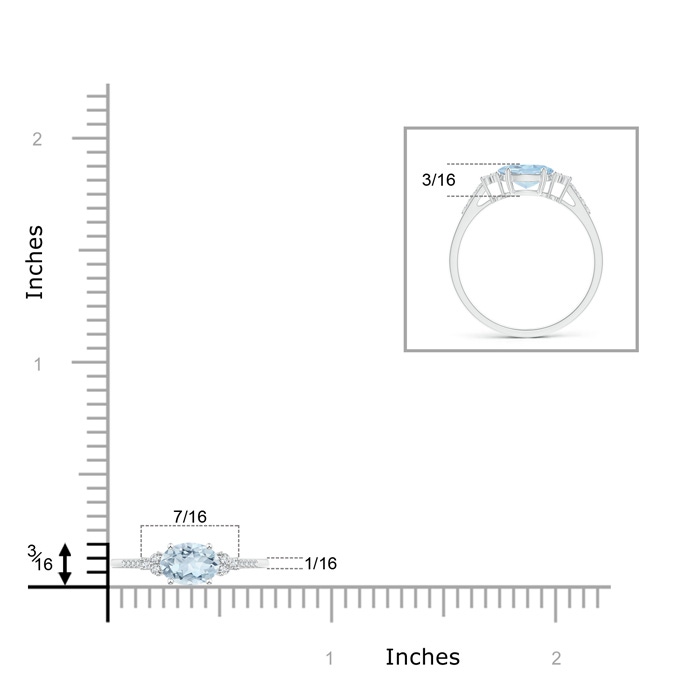 7x5mm A Horizontally Set Oval Aquamarine Solitaire Ring with Trio Diamond Accents in White Gold ruler