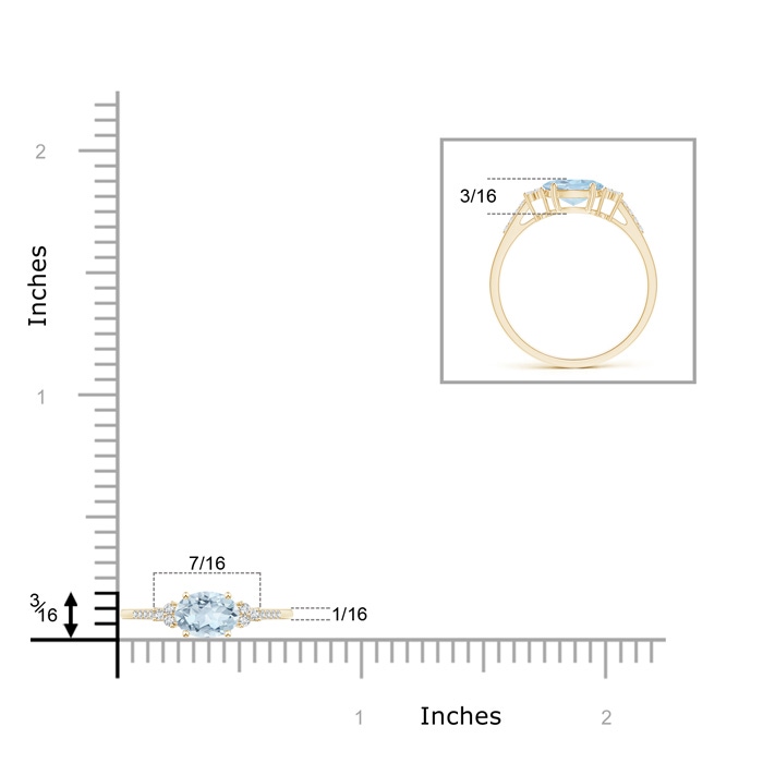 7x5mm A Horizontally Set Oval Aquamarine Solitaire Ring with Trio Diamond Accents in Yellow Gold ruler