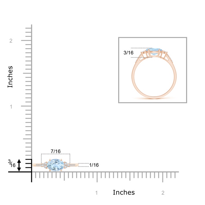 7x5mm AA Horizontally Set Oval Aquamarine Solitaire Ring with Trio Diamond Accents in Rose Gold ruler