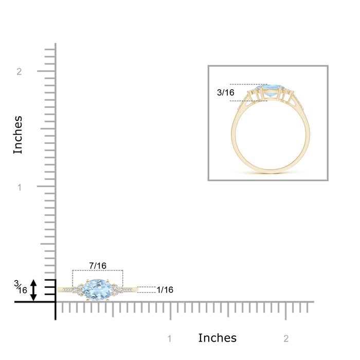 7x5mm AA Horizontally Set Oval Aquamarine Solitaire Ring with Trio Diamond Accents in Yellow Gold ruler