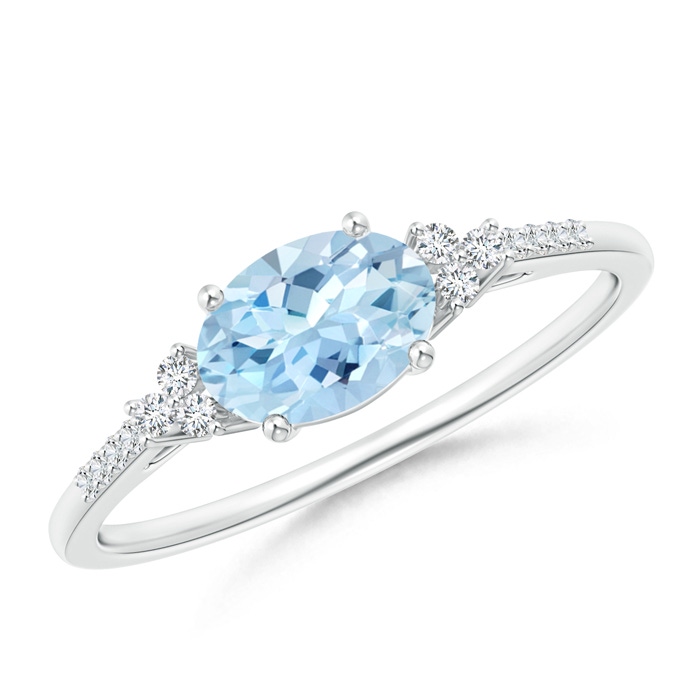 7x5mm AAA Horizontally Set Oval Aquamarine Solitaire Ring with Trio Diamond Accents in White Gold 