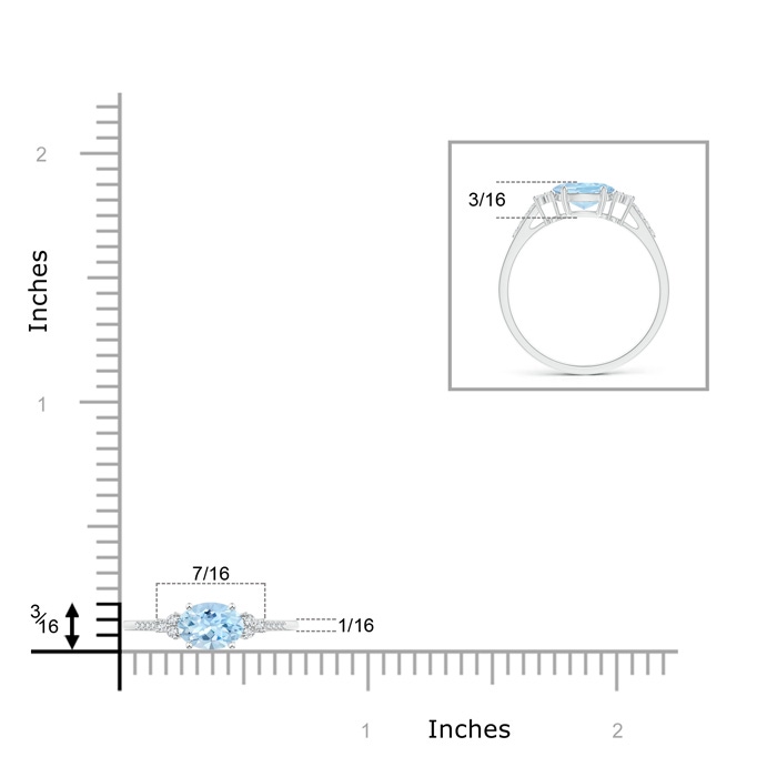 7x5mm AAA Horizontally Set Oval Aquamarine Solitaire Ring with Trio Diamond Accents in White Gold ruler