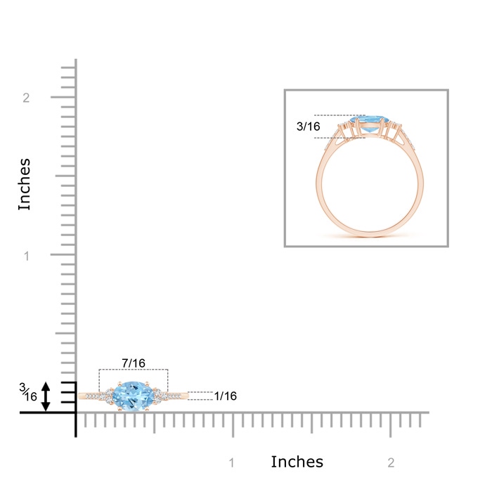 7x5mm AAAA Horizontally Set Oval Aquamarine Solitaire Ring with Trio Diamond Accents in Rose Gold ruler