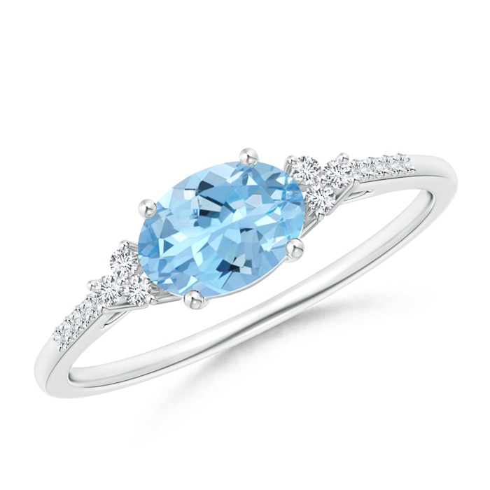 7x5mm AAAA Horizontally Set Oval Aquamarine Solitaire Ring with Trio Diamond Accents in White Gold 