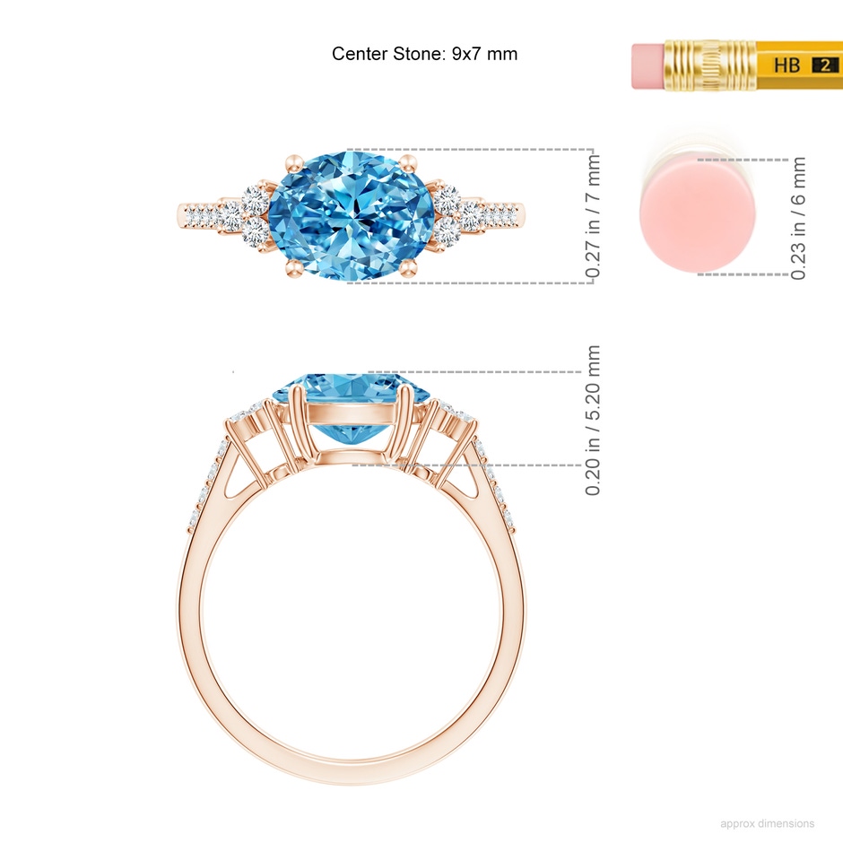 9x7mm AAAA Horizontally Set Oval Fancy Intense Blue Diamond Ring in Rose Gold ruler