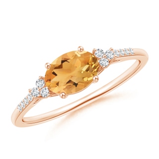 7x5mm A Horizontally Set Oval Citrine Ring with Trio Diamonds in Rose Gold