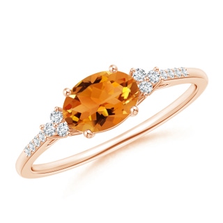7x5mm AAA Horizontally Set Oval Citrine Ring with Trio Diamonds in Rose Gold