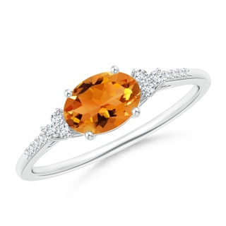 7x5mm AAA Horizontally Set Oval Citrine Ring with Trio Diamonds in White Gold