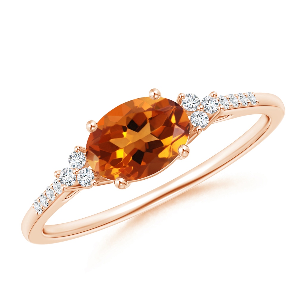 7x5mm AAAA Horizontally Set Oval Citrine Ring with Trio Diamonds in Rose Gold