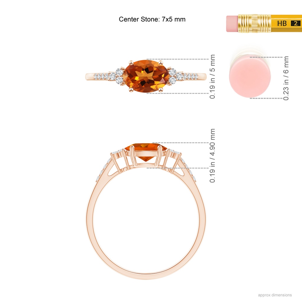 7x5mm AAAA Horizontally Set Oval Citrine Ring with Trio Diamonds in Rose Gold Ruler