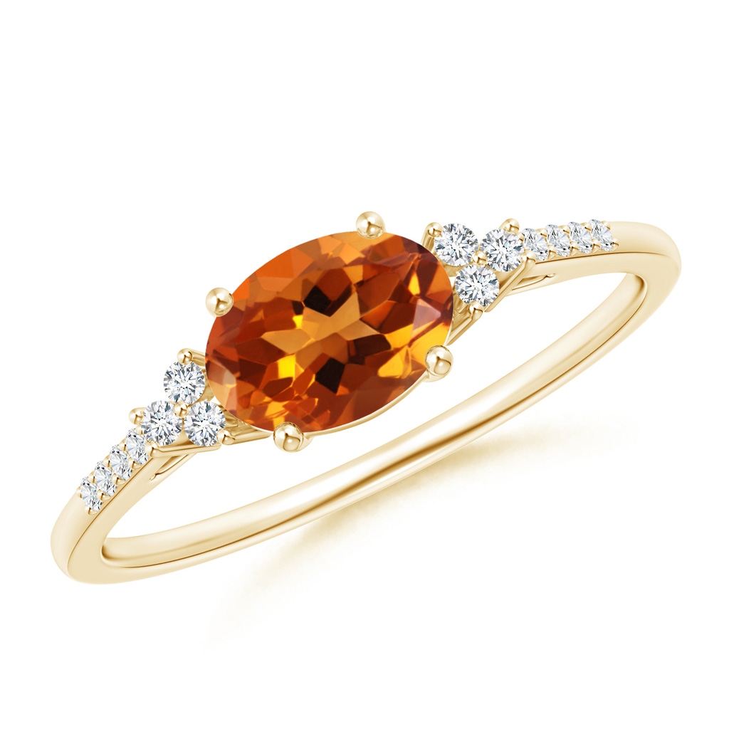 7x5mm AAAA Horizontally Set Oval Citrine Ring with Trio Diamonds in Yellow Gold
