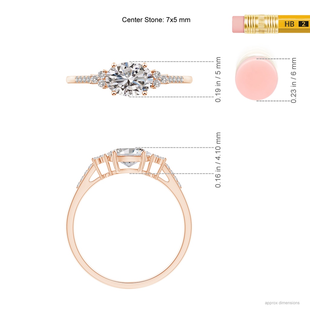 7x5mm IJI1I2 Horizontally Set Oval Diamond Solitaire Ring with Trio Diamond Accents in Rose Gold ruler